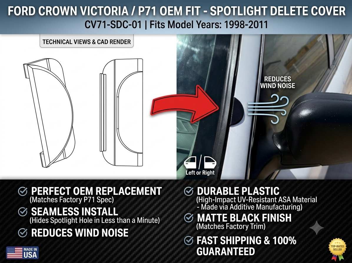 Crown Victoria spotlight delete cover infographic showing OEM fit, wind noise reduction, and specifications